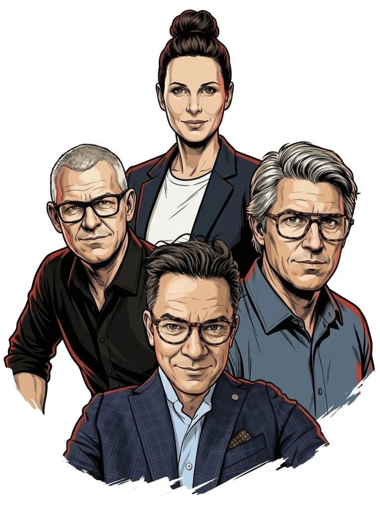Illustration des Libers-Teams: Comic-Stil-Gruppenbild der Menschen hinter Libers Works